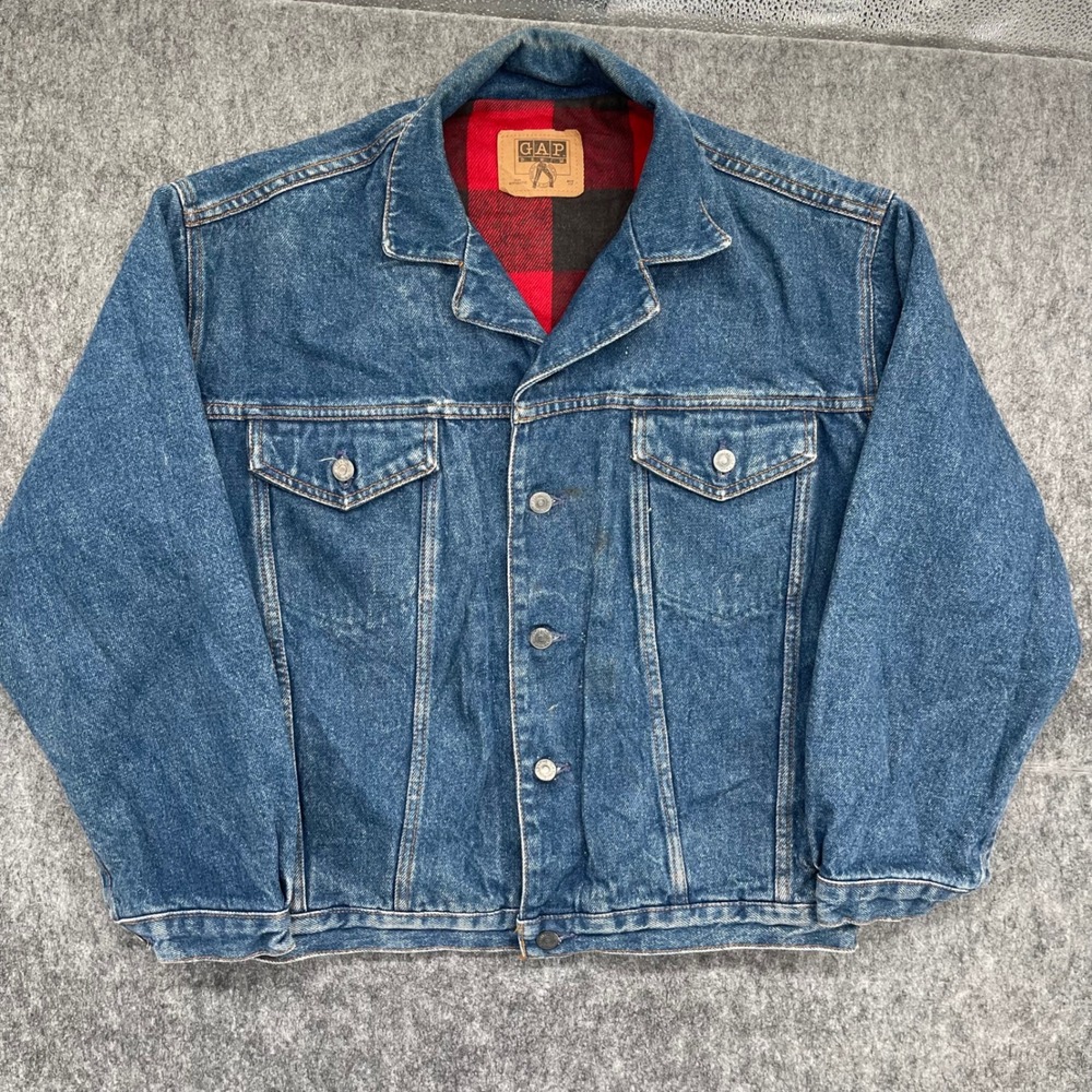 Vintage Gap Denim Jacket Mens Medium Flannel Lined Buffalo Plaid Trucker